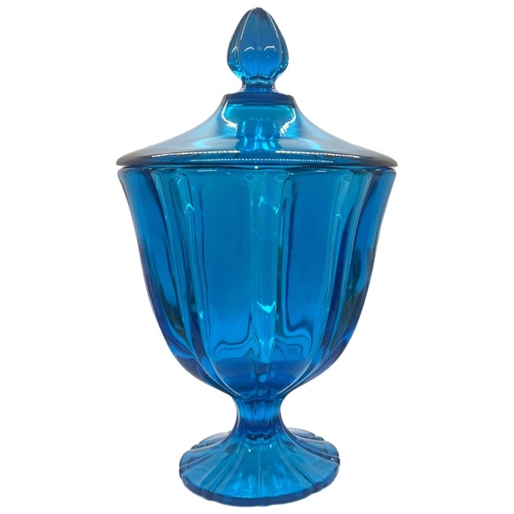 Vintage LE Smith Blue Glass Covered Pedestal Compote Candy Dish w/ Lid 10” EUC - Picture 1 of 14